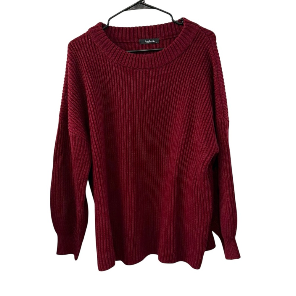 Fashion Small Burgundy Ribbed Knit Crewneck Oversized Sweater Long Sleeve